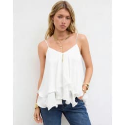 Women Chiffon Camisole Top Spaghetti Strap V Neck Ruffled Flowy Sleeveless Elegant Casual Layered Hem Tank Tops for Daily Party