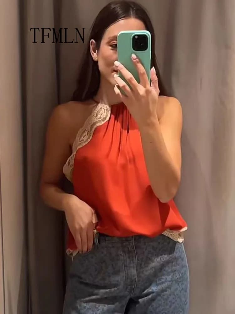 Fashion Lace Patchwork Camisole Tops Elegant Sleeveless O Neck Chic Loose Vest Vacation Street Outwear 2026 New Summer