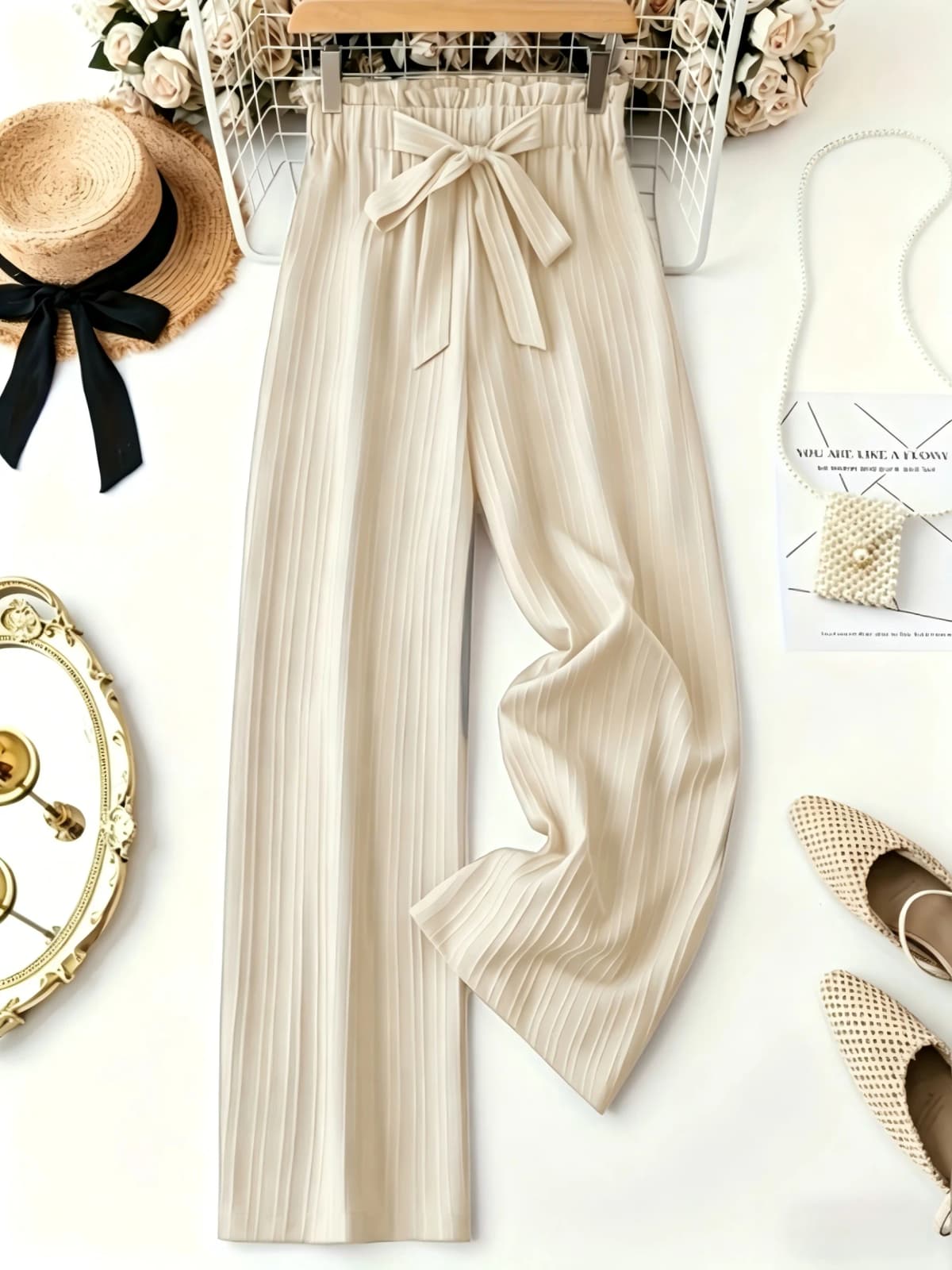 Women Bow Tie High Waist Wide Leg Pants, Casual Solid Textured Elastic Waist Summer Trousers