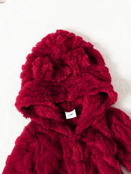 1pc Winter Baby Red Bear Ear Fleece Jumpsuit, Soft Warm Hooded Romper, Sweet Style, Daily/Photoshoot/Wear, 0-12M, Thick Fabric