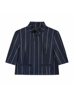 Women Blue Stripe Cropped Blazer Pant Sets Women Stand Neck Short Sleeve Jacket Straight Pants Summer Fashion Lady Suit