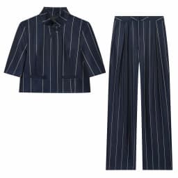 Women Blue Stripe Cropped Blazer Pant Sets Women Stand Neck Short Sleeve Jacket Straight Pants Summer Fashion Lady Suit