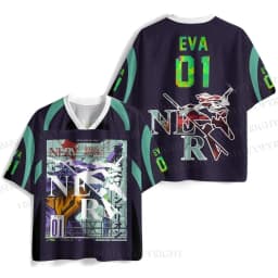 New Anime Neon Genesis Evangelion Rei Ayanami Print Mesh Jersey T-shirt Men Oversized Streetwear V-Neck Casual Short Sleeve Tops