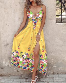 Women's V Neck Spaghetti Strap Feather Print Maxi Dress with Front Tie and High Side Slit for Summer Evening Party Wear