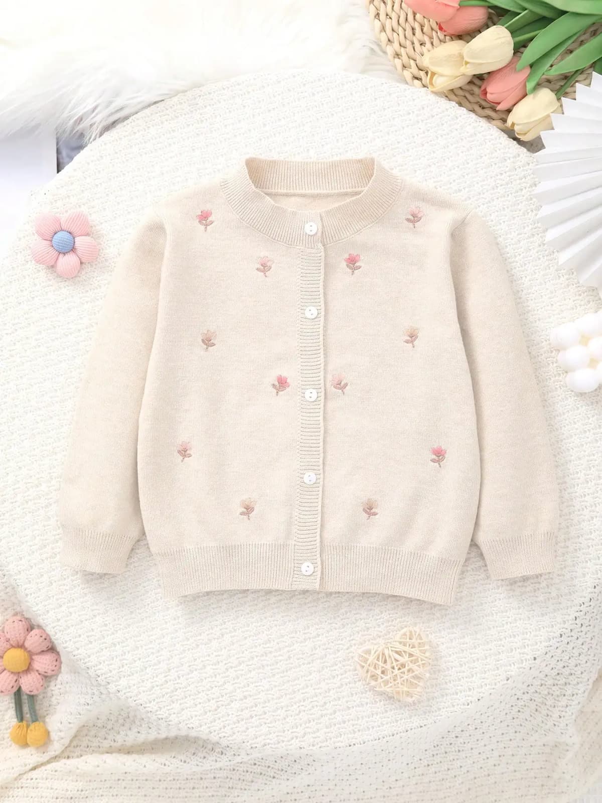 Girls' Knitted Round-Neck Cardigan with Handmade Floral Embroidery Pattern