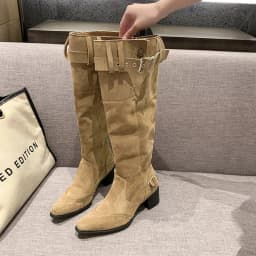 Khaki Suede Long Boots, Fashionable Pointed Toe, Retro Western Motorcycle Style, Pleated Stacked Boots for Women, Large Size