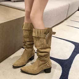 Khaki Suede Long Boots, Fashionable Pointed Toe, Retro Western Motorcycle Style, Pleated Stacked Boots for Women, Large Size
