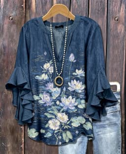 Women's Ruffle Sleeve Tropical Floral Print V Neck Casual Blouse Elegant Daily Tops for Spring Summer