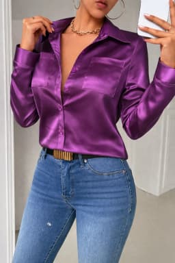 Women's Purple Satin Long Sleeve Shirt, Turn-Down Collar Button Down Blouse with Pockets