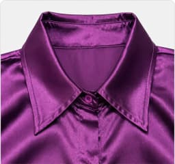 Women's Purple Satin Long Sleeve Shirt, Turn-Down Collar Button Down Blouse with Pockets