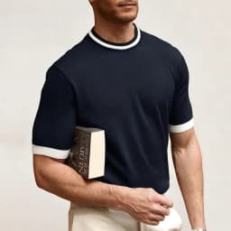 New Men's Stretch Knit T Shirts Casual Short Sleeve Summer Top Knitted Pullover Shirts Crewneck Contrast Knitwear