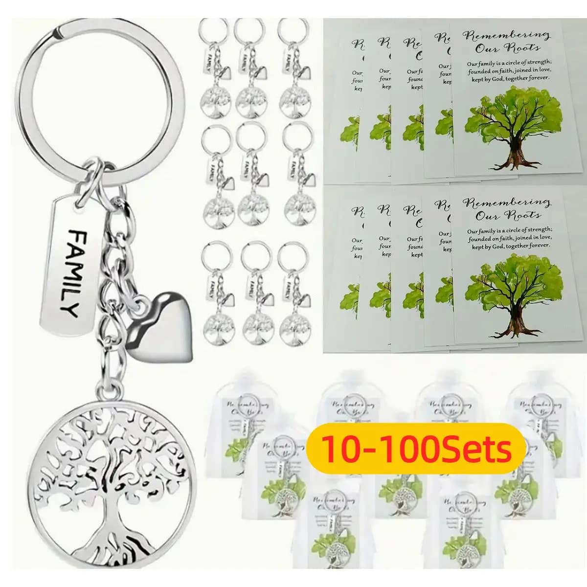 10-100sets Life Tree Keychains with Gift Bag Remembering Our Roots Card Family Party Decorative Keyring Gift for Family Day