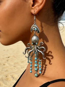 Women's Beach Vacation Ocean Life Earrings European Style Octopus + Bead Pendant Unique Long Drop Earrings
