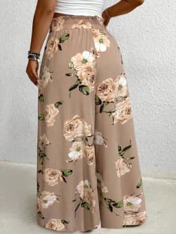 Elegant plus Size Printed Wide Leg Pants for Women Loose Fit Imitation Drawstring Waist Belt Non-Elastic Fabric