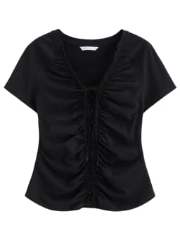 DUSHU Layered Wooden Collar T-Shirt with Pleated Straps and Waist-Defining Detail 2026 Summer New Arrival Style for Slimming Fit