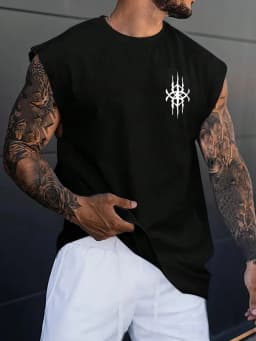 100% pure cotton men's summer fashion leisure sports fitness loose geometric pattern printed round neck sleeveless vest