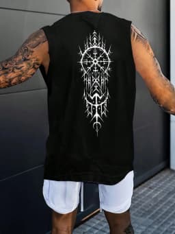 100% pure cotton men's summer fashion leisure sports fitness loose geometric pattern printed round neck sleeveless vest