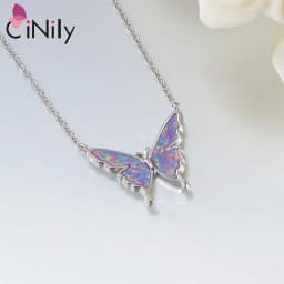 CiNily Delicate Butterfly Shaped Chain Necklace for Women with Created Multicolor Opal Silver Plated Necklace for Birthday Gifts