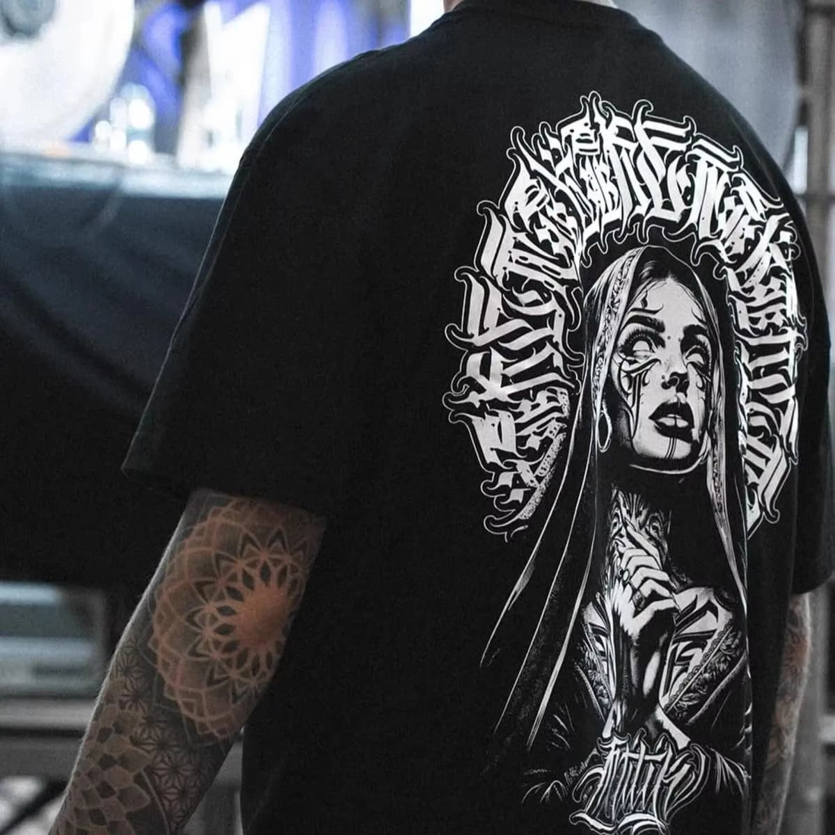 Chicano Religious Goddess Unisex Oversized T-Shirt, Dark Gothic Script Graphic Tee, Streetwear Cotton Top For Men Women
