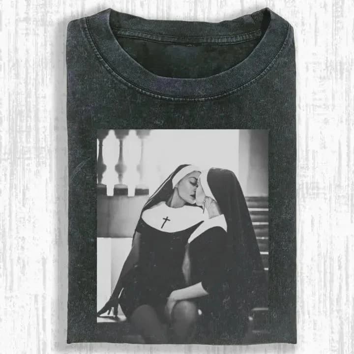 Vintage Washed Nun Shirt, Gothic Religious Aesthetic Tee Summer Men's and Women's Washed T-shirt Top