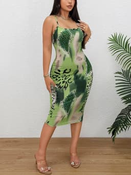 Women Spaghetti Strap Midi Dress Green Leopard Print Bodycon Casual Dress Summer Sexy Party Cocktail Clubwear Date Dress