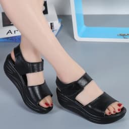 Women Flat Sandals Lady Platform Soft Comfort Casual Hook & Loop White Genuine Leather Ankle Strap Wedges Sandals 2026