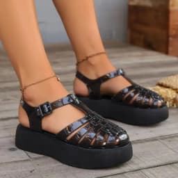 Summer Women Platform Fisherman Sandals Closed Toe Glossy Patent Leather Buckle Strap Non-Slip Sole Casual Daily Walking Shoes