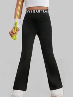 Girls Black Flare Leggings "Love" Letter Elastic Waistband Kids Dance & Workout Pants