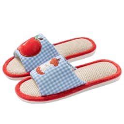 Comfortable Strawberry House Linen Slippers Anti-slip Grid Stripe Indoor Slippers Flax Soft Sole Sweet Slippers Women Bedroom