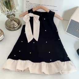 Korean Version Fashion Black Hepburn Style Round Neck Sleeveless Polka Dot Bow Princess Dress for Girls' Birthday Parties