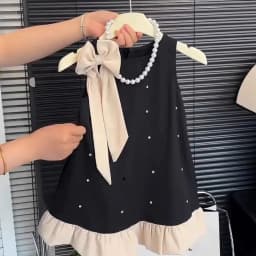 Korean Version Fashion Black Hepburn Style Round Neck Sleeveless Polka Dot Bow Princess Dress for Girls' Birthday Parties