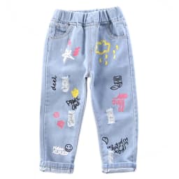 Children Jeans Boys Cotton Print Splice Stretch Denim Pants Korean Teenage Trousers Wear Kids ClothingDenimRipped Spring Autum