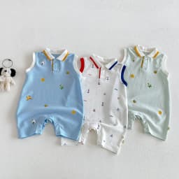 2026 New Summer 0-2Y Baby Clothes Cartoon Print Sleeveless Polo Romper Breathable Mesh Fabric with Placket Snap Closure