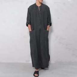 Middle Eastern Mens Thobe Dubai Style Loose Stand Collar Long Sleeve Robe Traditional Islamic Wear