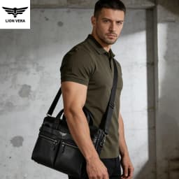 LION VERA Men's Large Capacity Business Commuting Bag Genuine Leather Shoulder Portable Laptop Zipper Crossbody Briefcase