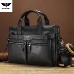 LION VERA Men's Large Capacity Business Commuting Bag Genuine Leather Shoulder Portable Laptop Zipper Crossbody Briefcase