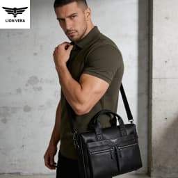 LION VERA Men's Large Capacity Business Commuting Bag Genuine Leather Shoulder Portable Laptop Zipper Crossbody Briefcase