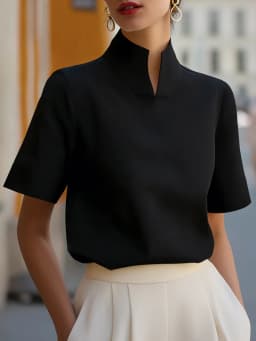 Split Neck Short Sleeve Blouse Women Elegant Stand Collar Half Sleeve Top Office Lady