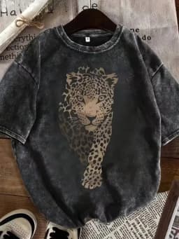 Leopard Head Graphic T-Shirt, Women's Vintage Washed Crew Neck Loose Casual Short Sleeve Street Style Summer Daily Casual Top