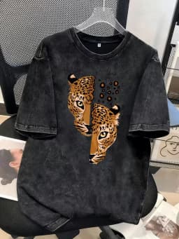 Leopard Head Graphic T-Shirt, Women's Vintage Washed Crew Neck Loose Casual Short Sleeve Street Style Summer Daily Casual Top