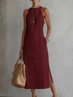 Spring 2026 Women’s Clothing: Neck-Tie Vacation Dress with Pure Color Lace Accents, Sleeveless.