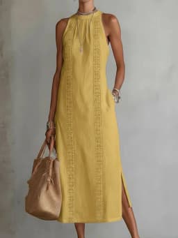 Spring 2026 Women’s Clothing: Neck-Tie Vacation Dress with Pure Color Lace Accents, Sleeveless.