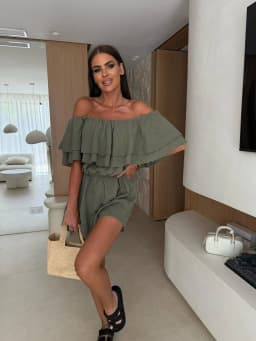 Off Shoulder Ruffle Layered Romper Elastic Waist Short Jumpsuit For Women