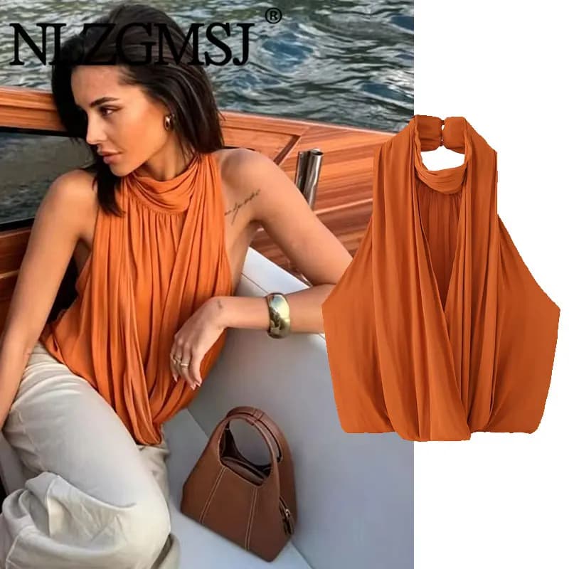 Nlzgmsj 2026 Summer Women Orange Halter Neck Sleeveless Blouse Cross Wrap Draped Top Backless Cropped Tank Top