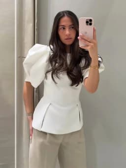 Women's Summer Puff Short-Sleeved T-Shirts Female Chic Fitted Round Neck Blouses Tops Lady Casual Side Slit Peplum Hem tshirt