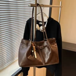 Vintage Brown Leather Tote Bag with Beaded Bag Charm Buckle Detail Large Capacity Shoulder Purse for Work Commuter Daily Use