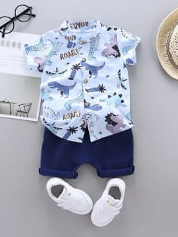 2PCS Baby Toddler Summer Outfit Set Cartoon Spotted Dinosaur Print Stand up Collar Short Sleeved Shirt And Shorts for Kids