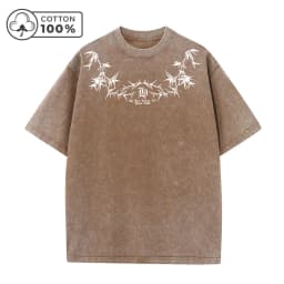Men's Street Style Washed T-Shirt With Unique Bamboo Leaf Print Retro Pure Cotton Short Sleeve Top Casual Daily Commute