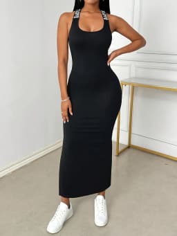 Women's shoulder strap printed letter floral back criss-cross hollow out maxi dress
