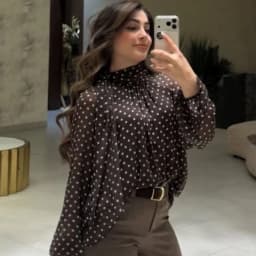 HXAO Polka Dot Oversized Top Women's Blouse Summer 2026 Boho Brown White Shirt Chiffon See -Through Long Sleeve Tops For Woman